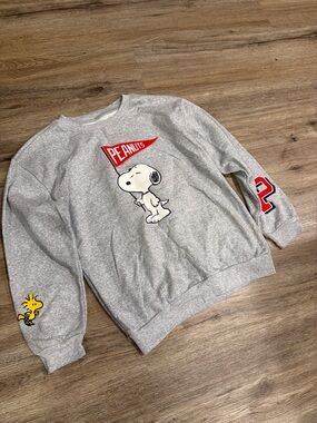 NWOT Peanuts Snoopy Woodstock Light Gray Crewneck Chenille Patch and Embroidery